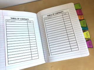 record the lesson and page for the table of contents