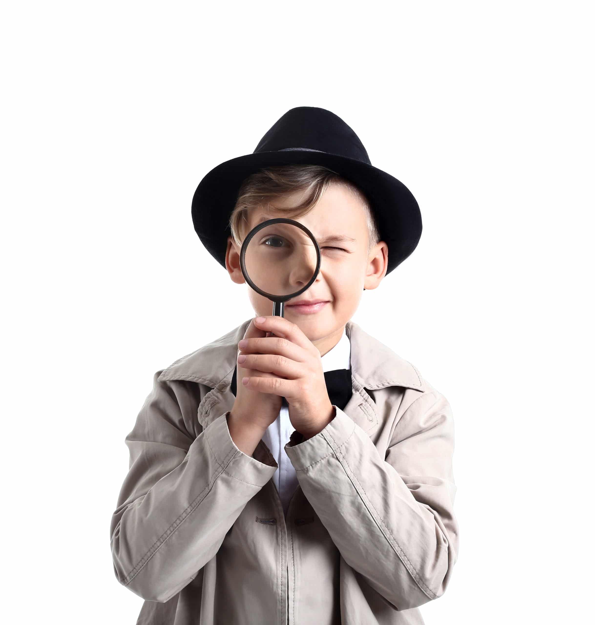 Cute little detective with magnifying glass on white background
