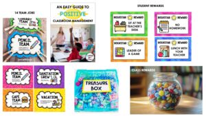 Classroom management tools like rewards, treasure box, team jobs, marble jar