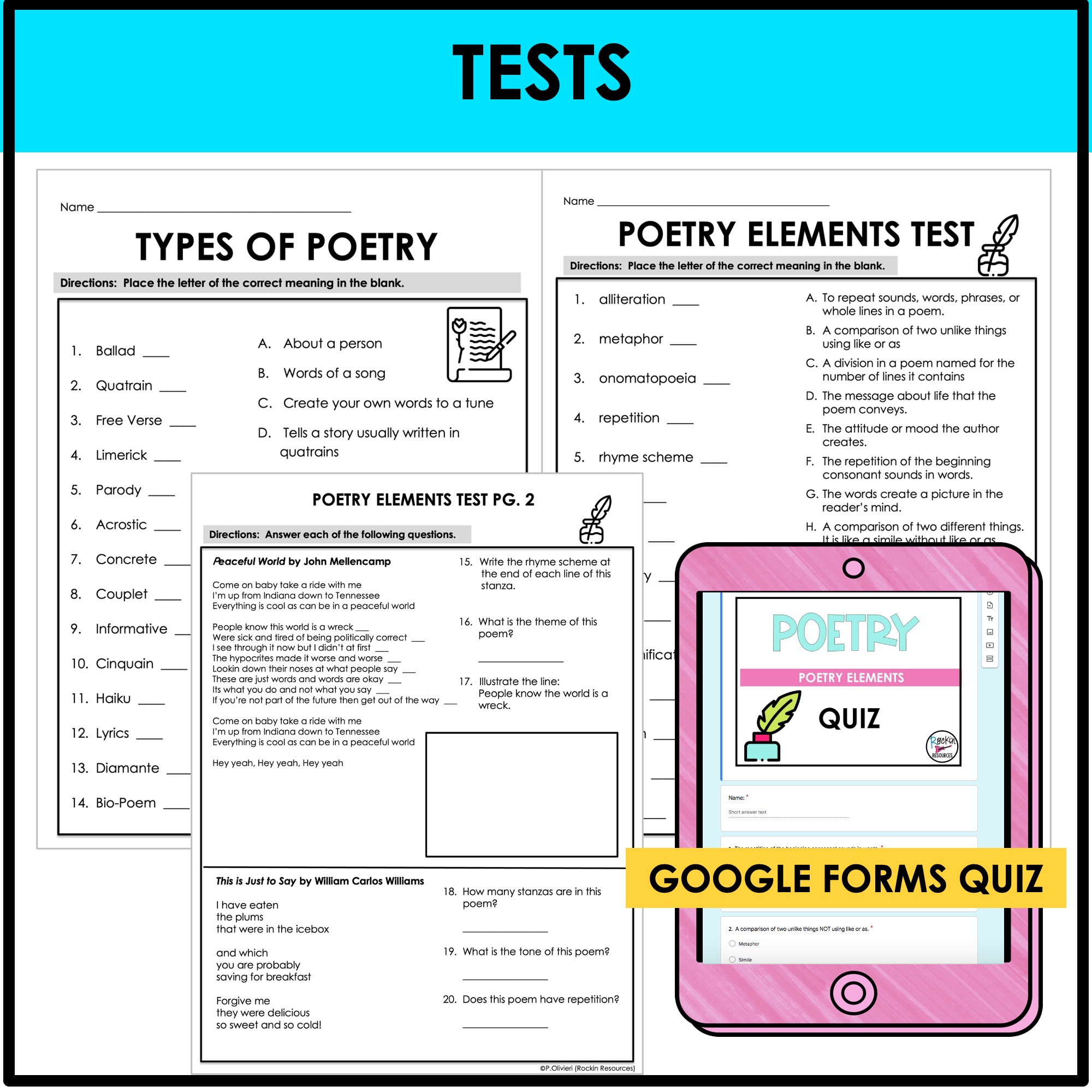 Poetry Tests | Poetry Study Guides | Flash Cards | GOOGLE | DIGITAL & PRINTABLE - Image 3