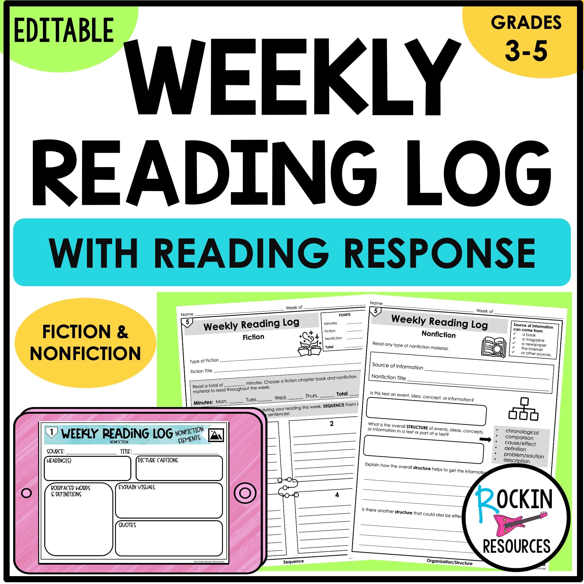 Editable Weekly Reading Log - Fiction and Non Fiction