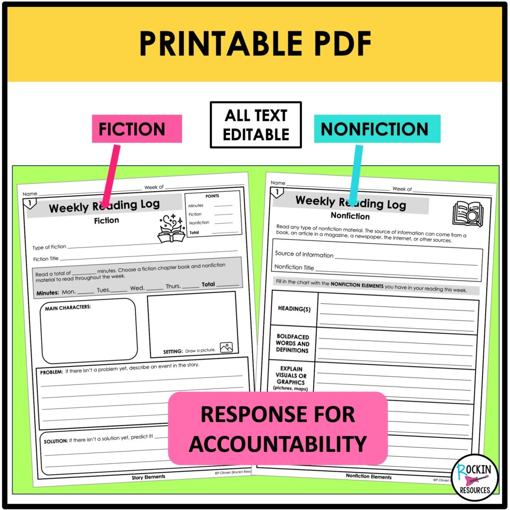 Editable Weekly Reading Log - Fiction and Non Fiction - Rockin Resources